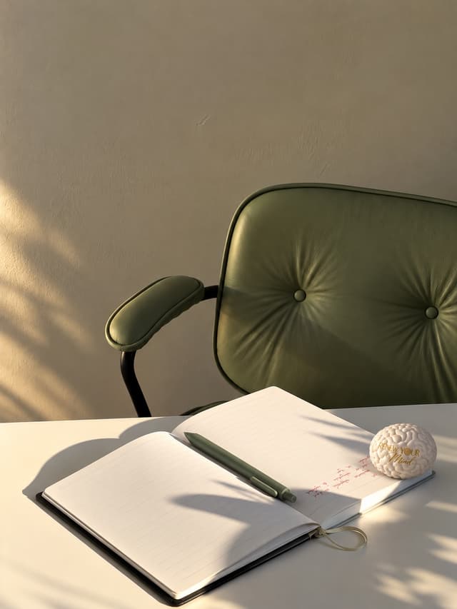Open Renew Your Mind journal with pen and stress ball beside a green chair